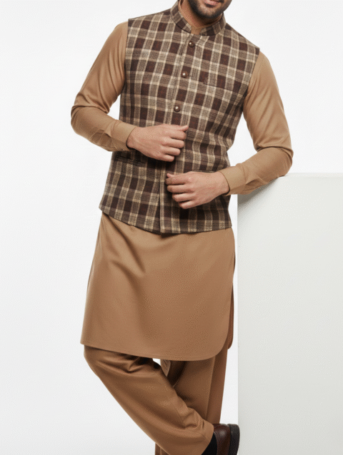 Classic Brown Checkered Men's Waistcoat