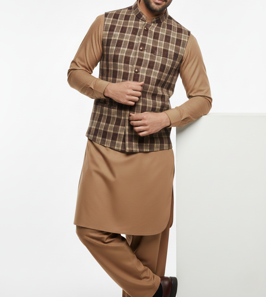 Classic Brown Checkered Men's Waistcoat
