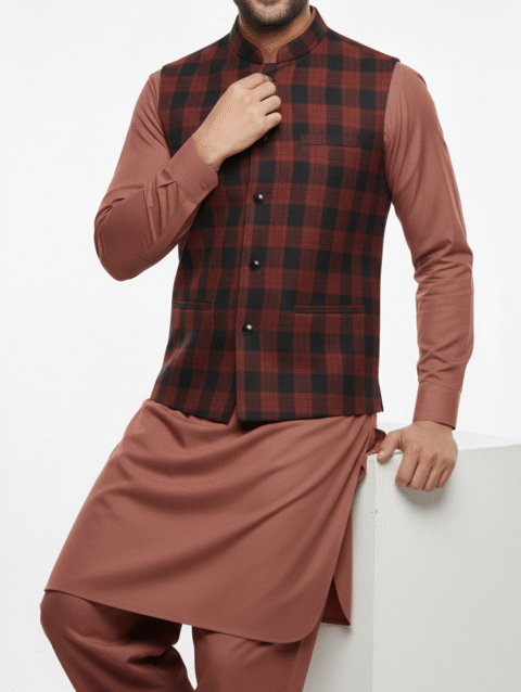 Maroon Checkered Men’s Waistcoat – Premium Winter Collection