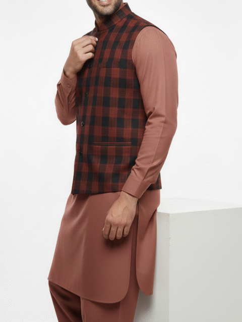 Maroon Checkered Men’s Waistcoat – Premium Winter Collection