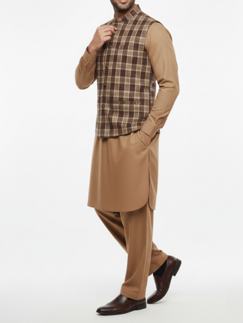 Classic Brown Checkered Men's Waistcoat