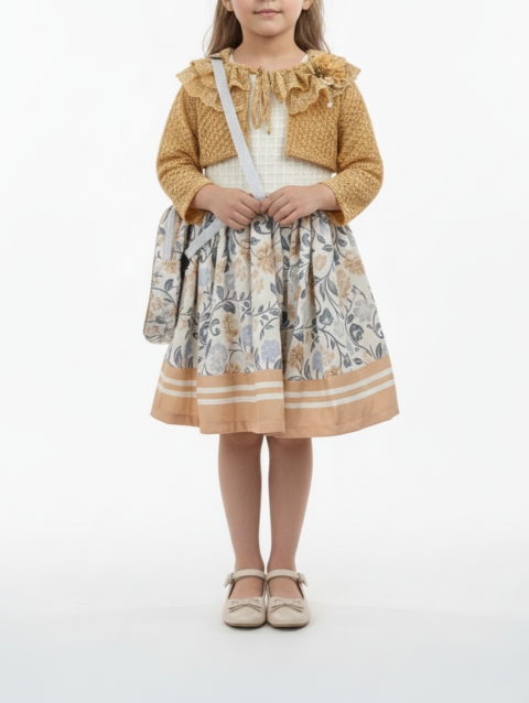 Elegant Floral Girls Party Dress with Mustard Shrug