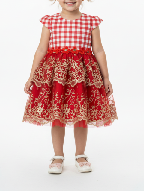 Red Gingham Lace Party Dress for Girls
