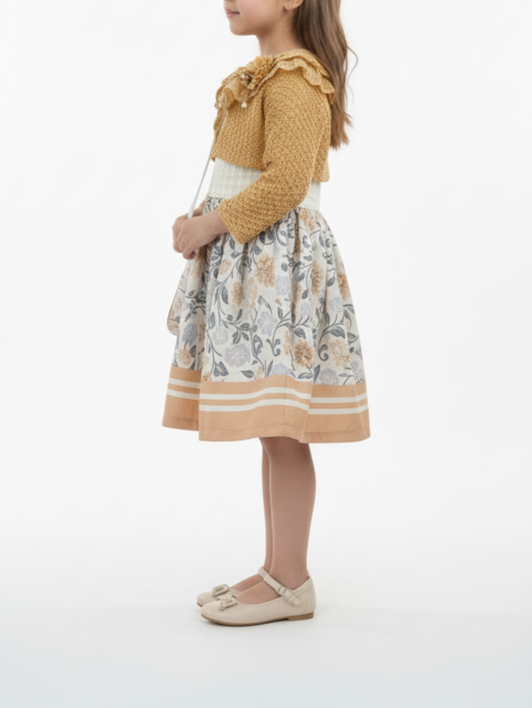 Elegant Floral Girls Party Dress with Mustard Shrug