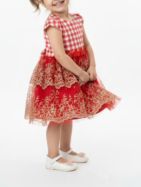 Red Gingham Lace Party Dress for Girls